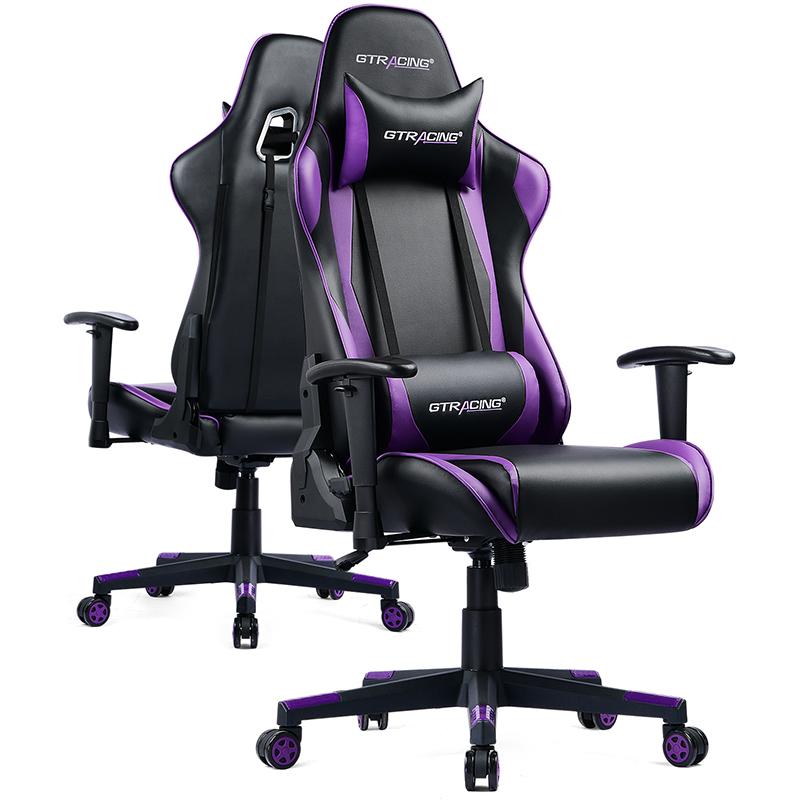 Gaming Office Chair PU Leather with Adjustable Headrest and Lumbar Pillow  Pink/Purple - GTRACING